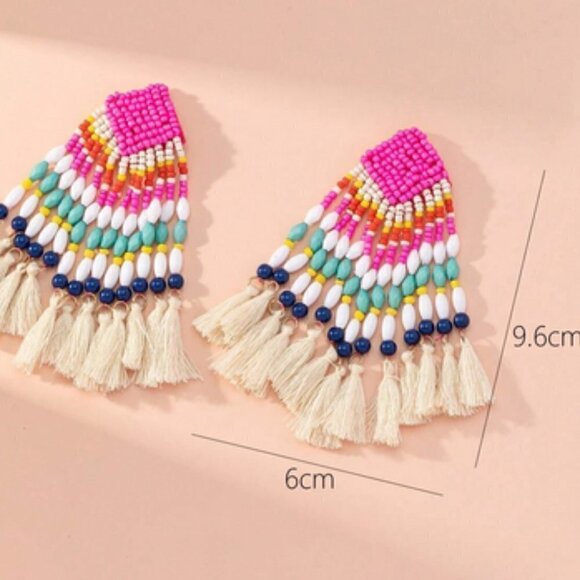 Boho  Bead & Tassel Drop Earrings - Picture 4 of 5